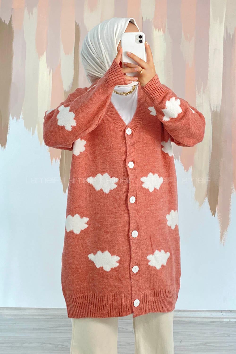 Modalamelif Boydan Düğmeli Bulut Desen Hırka Gül