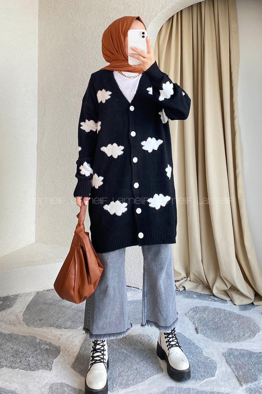 Modalamelif Boydan Düğmeli Bulut Desen Hırka Siyah