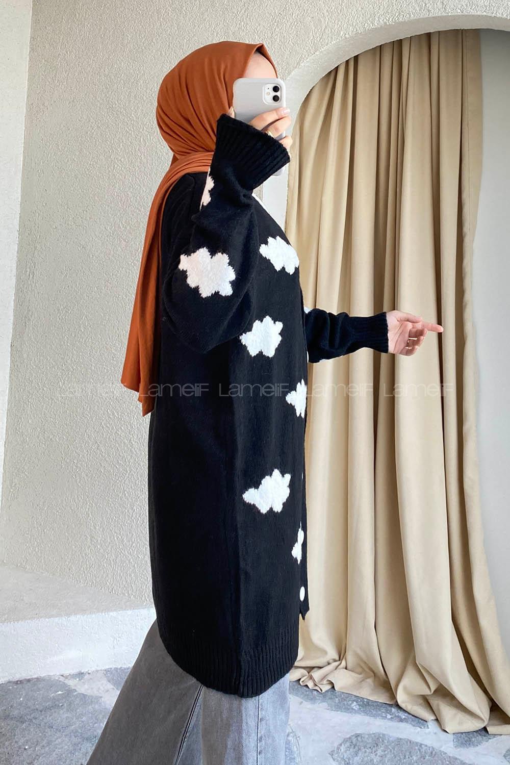 Modalamelif Boydan Düğmeli Bulut Desen Hırka Siyah