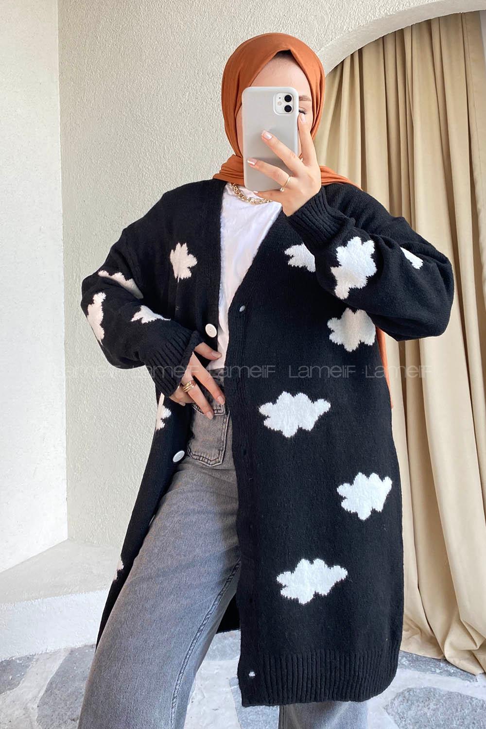 Modalamelif Boydan Düğmeli Bulut Desen Hırka Siyah