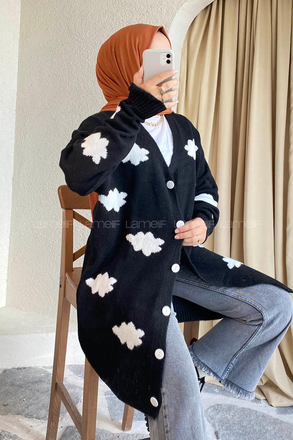 Modalamelif Boydan Düğmeli Bulut Desen Hırka Siyah