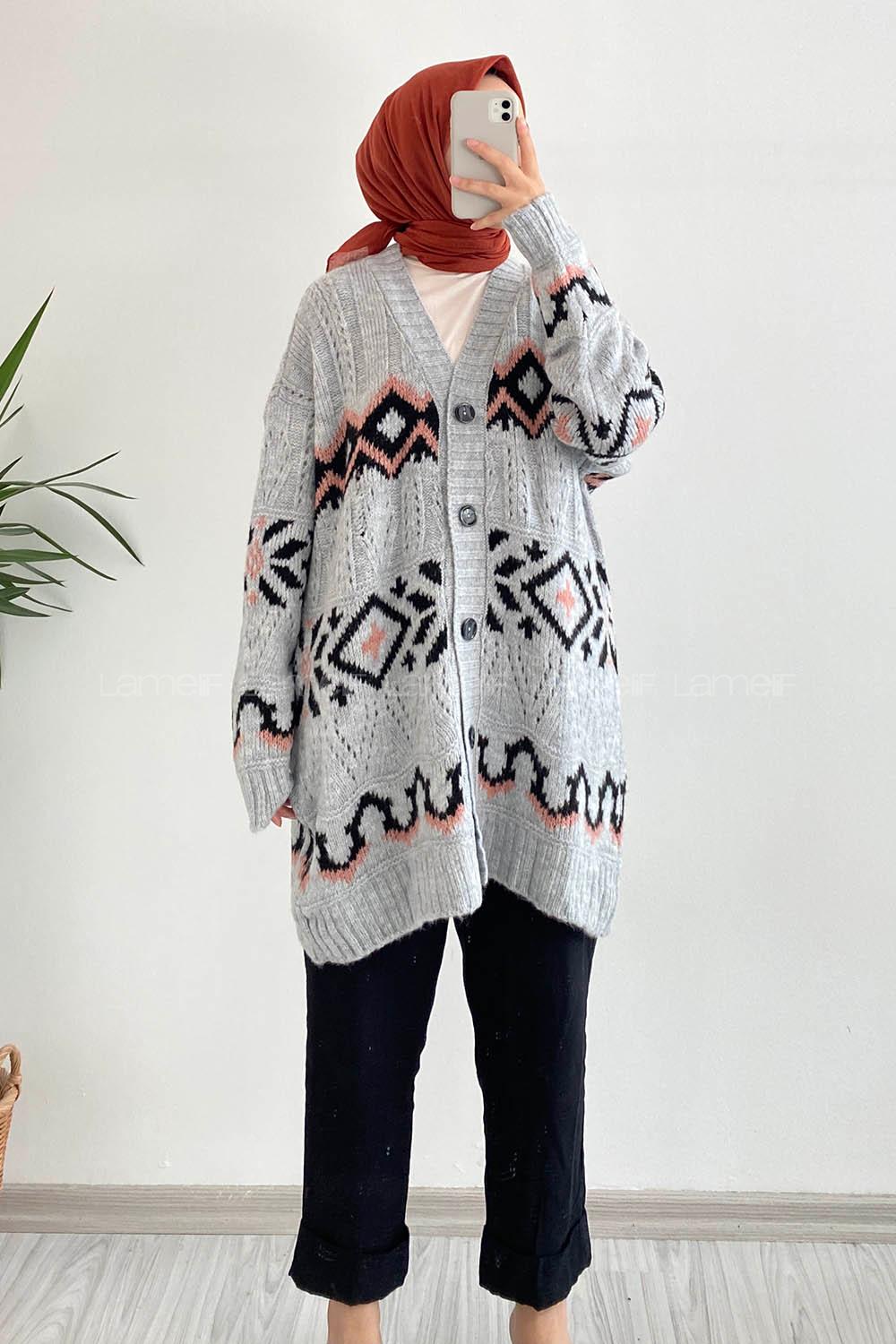 Modalamelif Boydan Düğmeli Etnik Desenli Hırka Gri