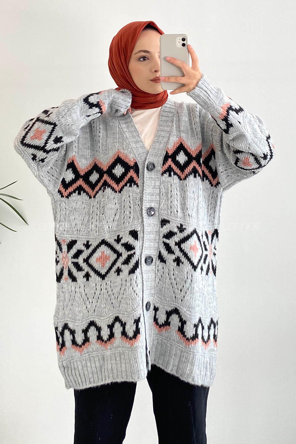 Modalamelif Boydan Düğmeli Etnik Desenli Hırka Gri
