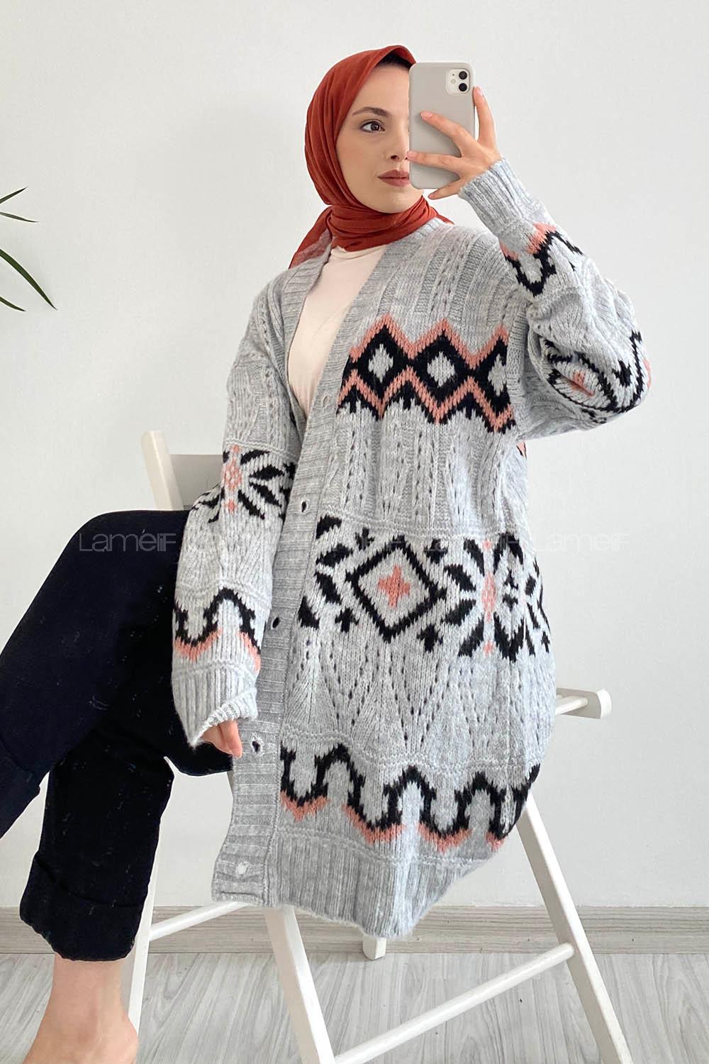 Modalamelif Boydan Düğmeli Etnik Desenli Hırka Gri