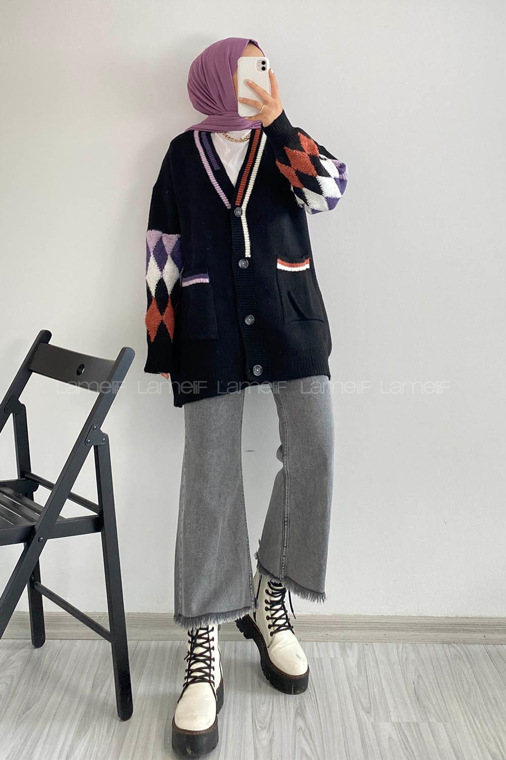 Modalamelif Çift Cepli Kol Garnili Hırka Siyah