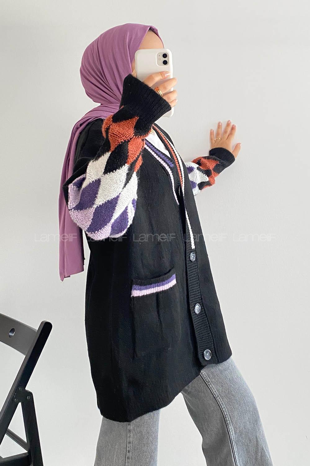 Modalamelif Çift Cepli Kol Garnili Hırka Siyah