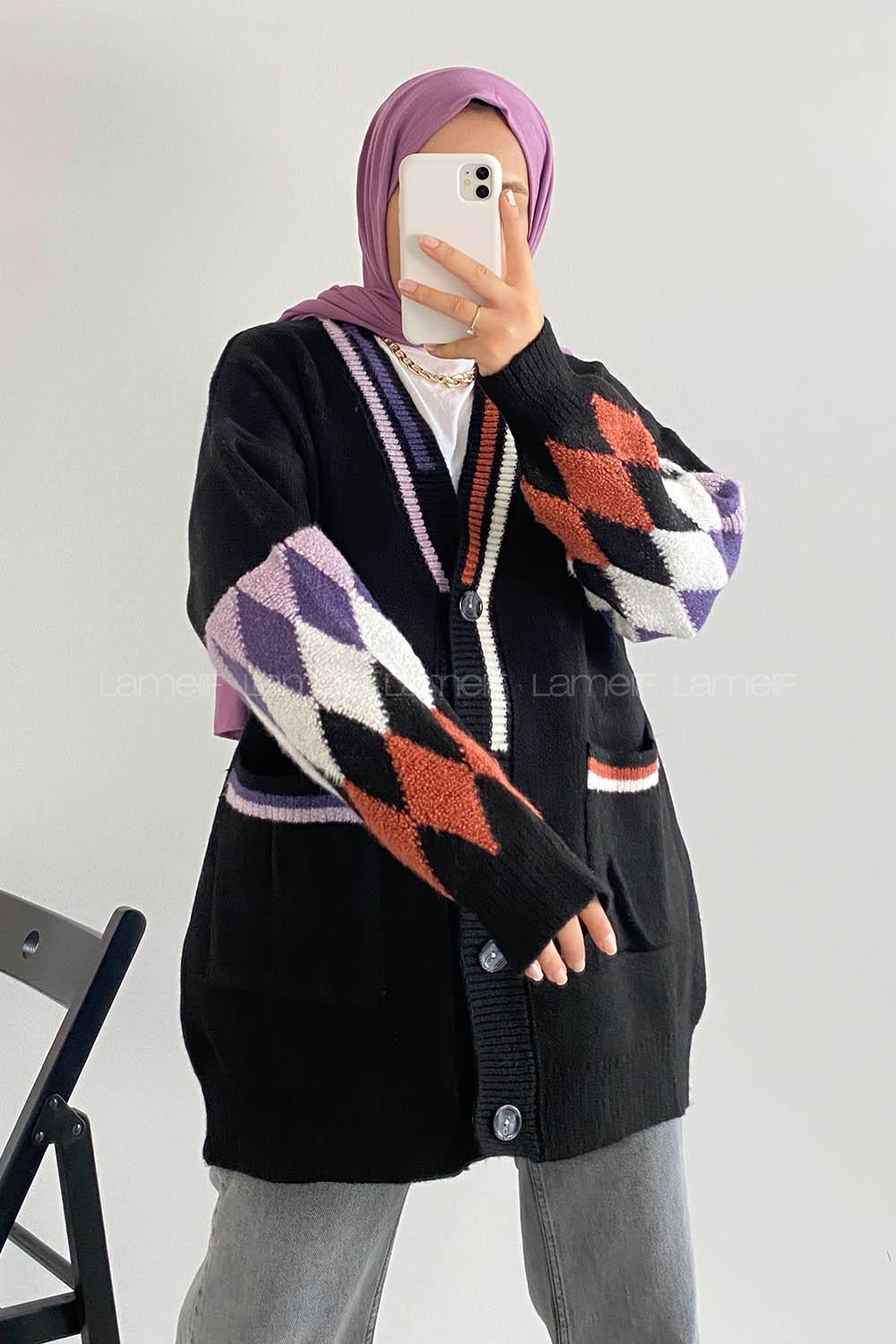 Modalamelif Çift Cepli Kol Garnili Hırka Siyah