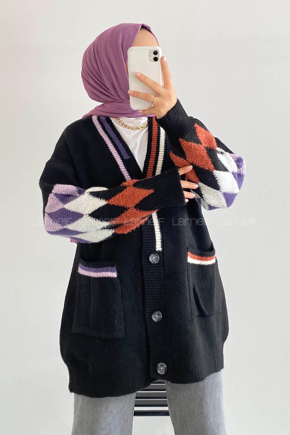 Modalamelif Çift Cepli Kol Garnili Hırka Siyah