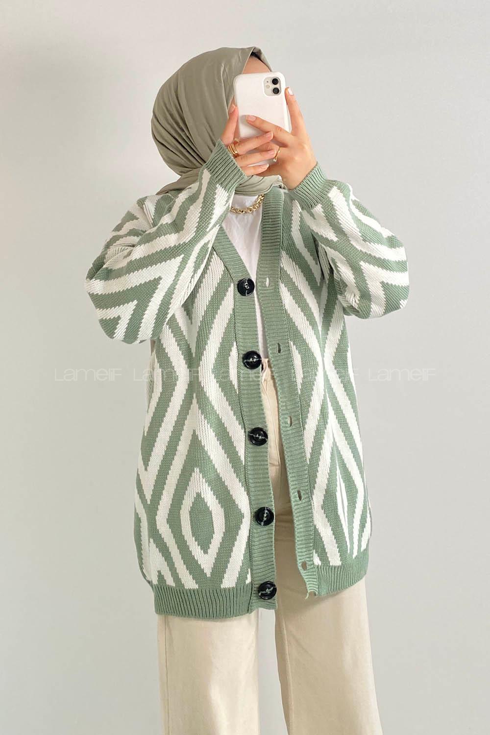 Modalamelif Önü Düğmeli Baklava Desen Jakarlı Triko Hırka Çağla Yeşili