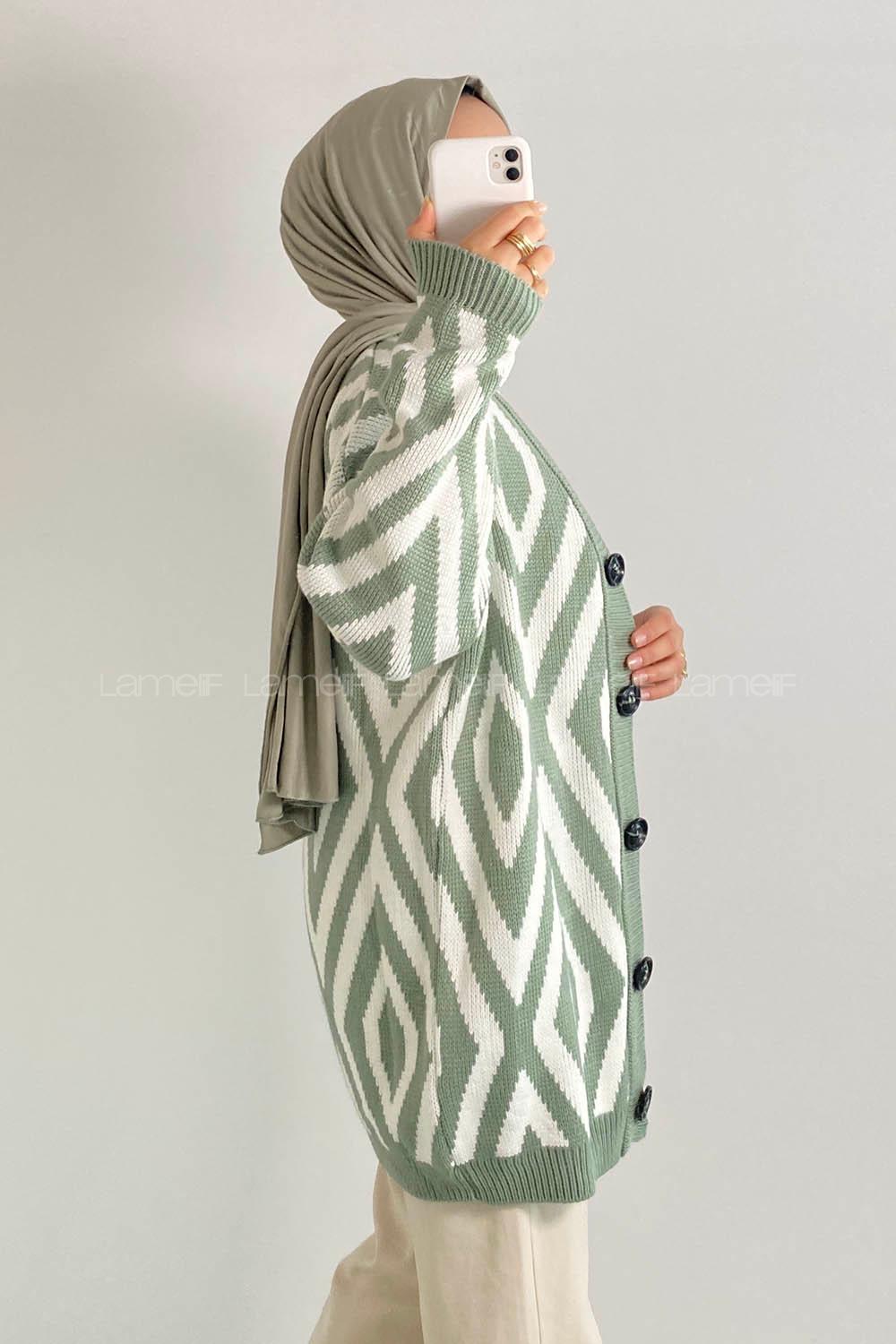 Modalamelif Önü Düğmeli Baklava Desen Jakarlı Triko Hırka Çağla Yeşili