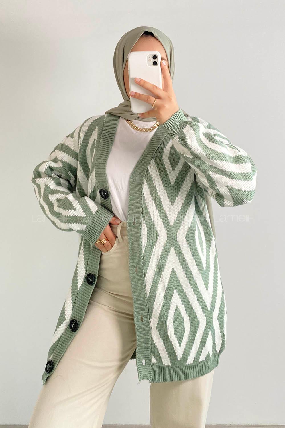 Modalamelif Önü Düğmeli Baklava Desen Jakarlı Triko Hırka Çağla Yeşili