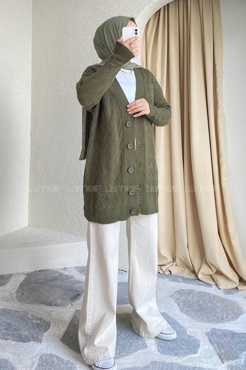 Modalamelif Önü Düğmeli Baklava Desen Triko Hırka Haki