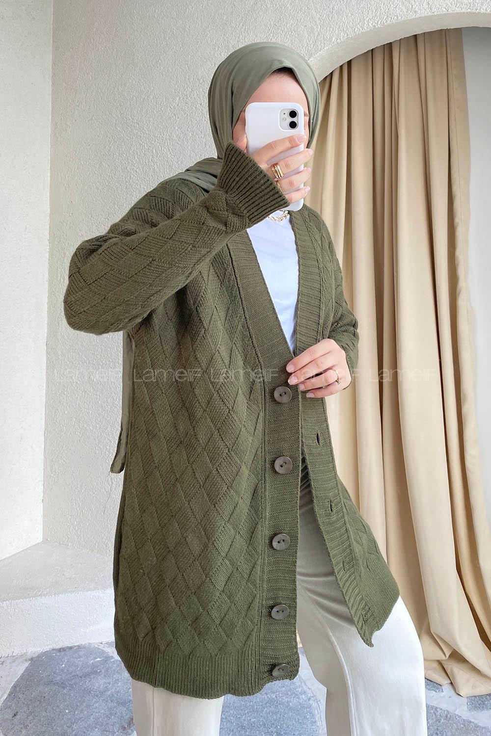 Modalamelif Önü Düğmeli Baklava Desen Triko Hırka Haki