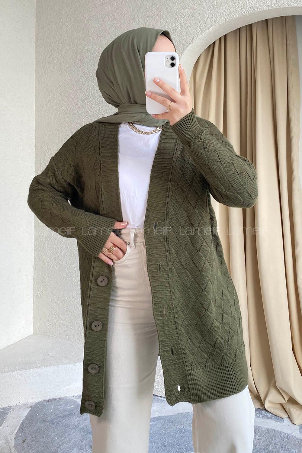 Modalamelif Önü Düğmeli Baklava Desen Triko Hırka Haki