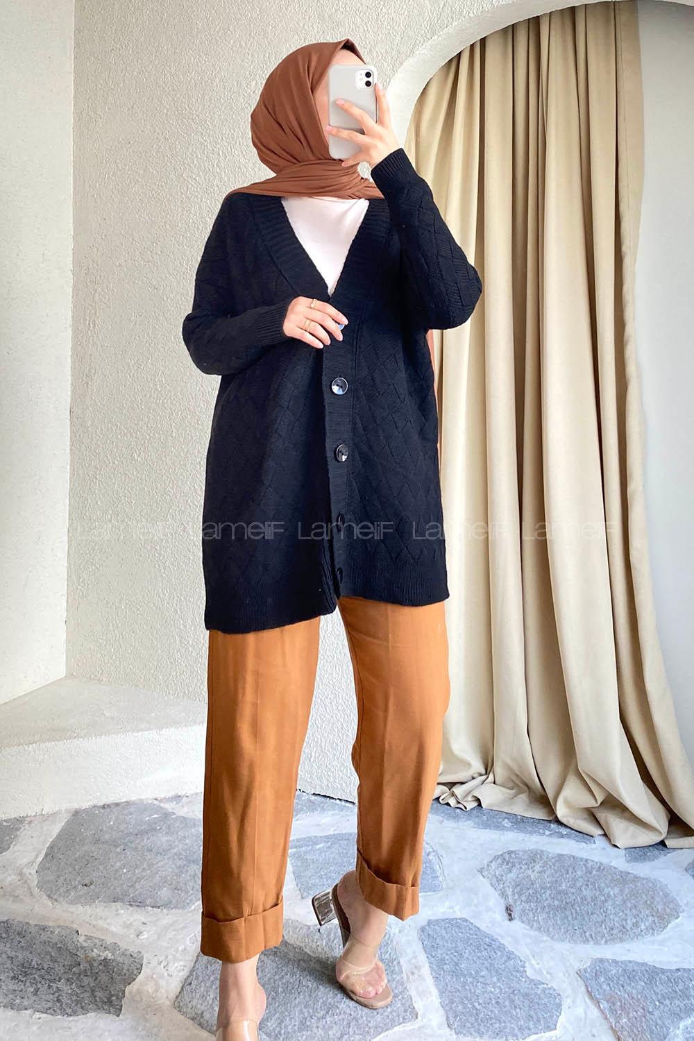 Modalamelif Önü Düğmeli Baklava Desen Triko Hırka Siyah