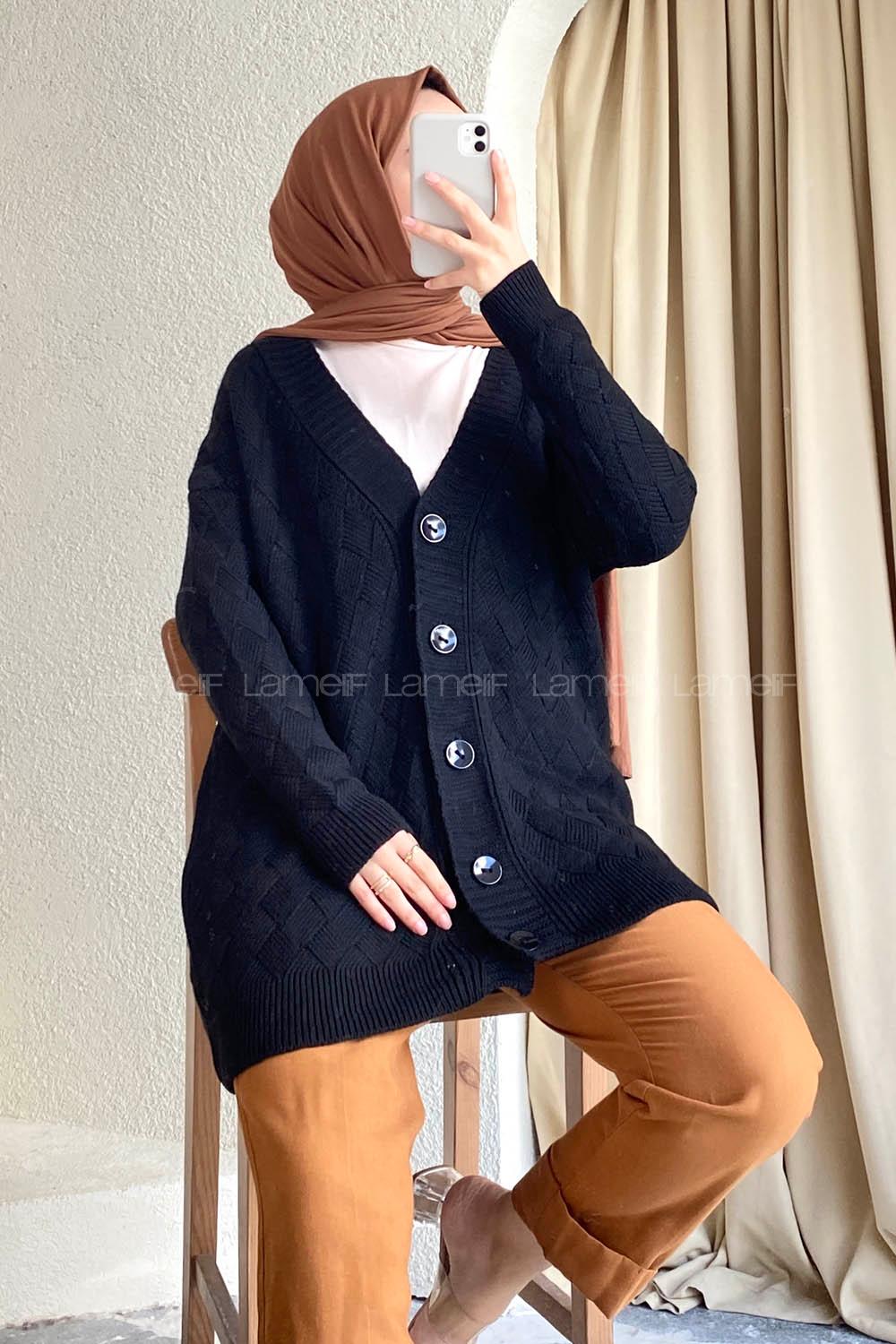 Modalamelif Önü Düğmeli Baklava Desen Triko Hırka Siyah