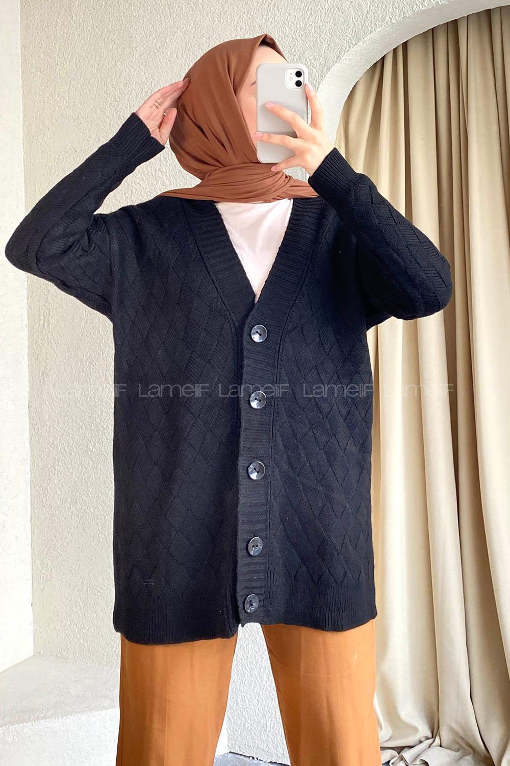 Modalamelif Önü Düğmeli Baklava Desen Triko Hırka Siyah