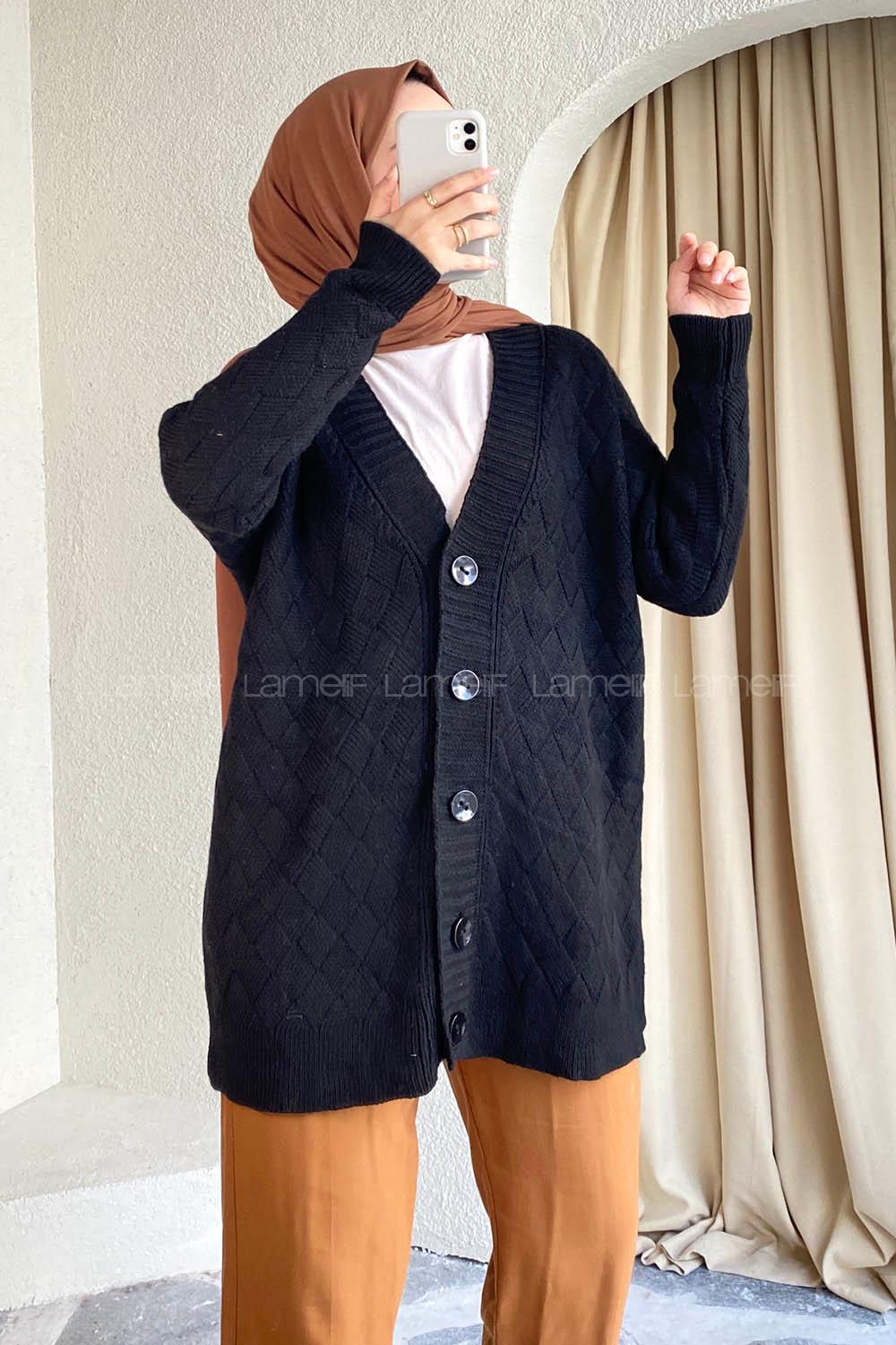 Modalamelif Önü Düğmeli Baklava Desen Triko Hırka Siyah