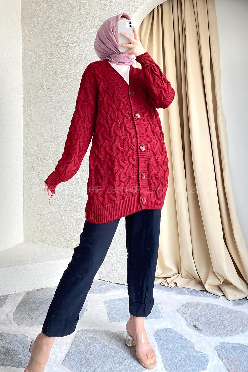 Modalamelif Önü Düğmeli Balık Sırtı Desen Triko Hırka Bordo