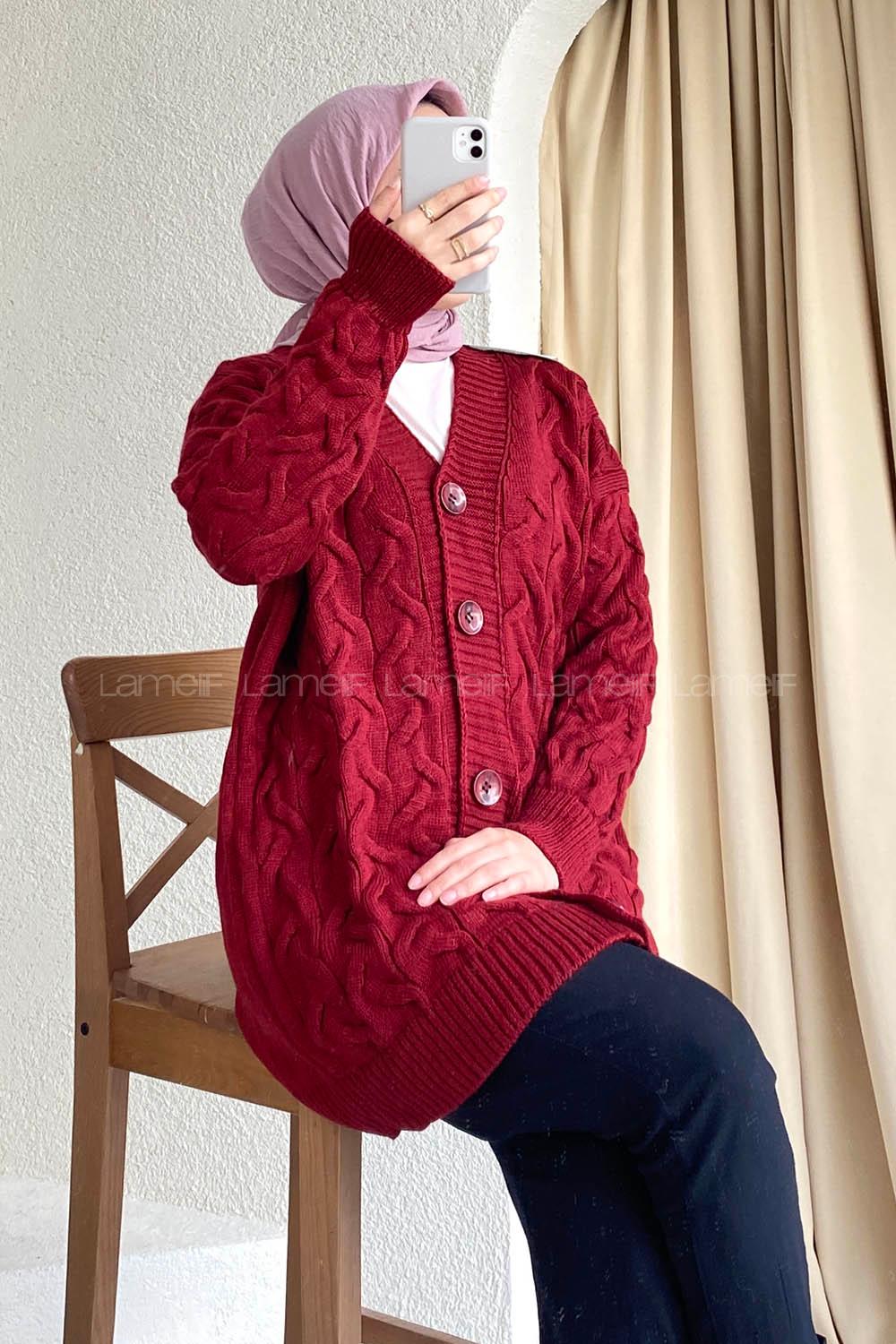 Modalamelif Önü Düğmeli Balık Sırtı Desen Triko Hırka Bordo