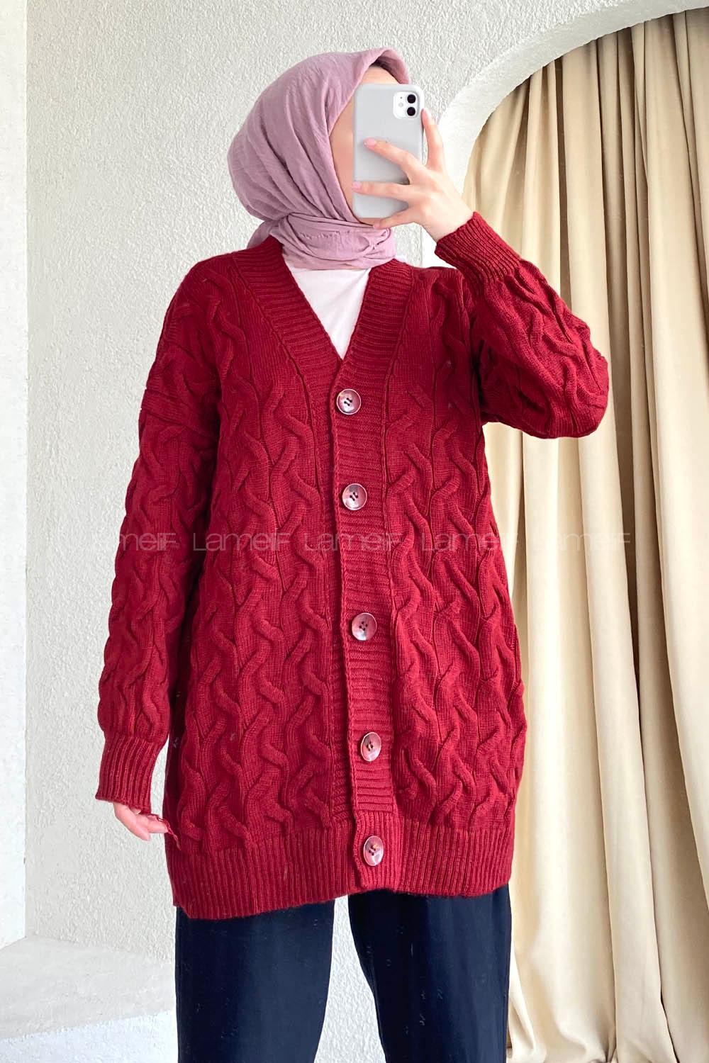 Modalamelif Önü Düğmeli Balık Sırtı Desen Triko Hırka Bordo