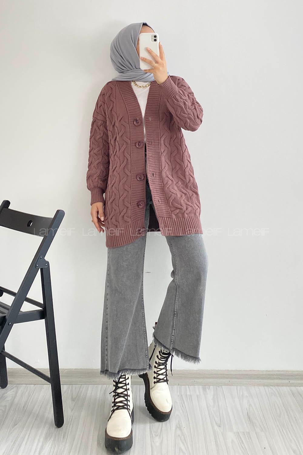 Modalamelif Önü Düğmeli Balık Sırtı Desen Triko Hırka Eflatun