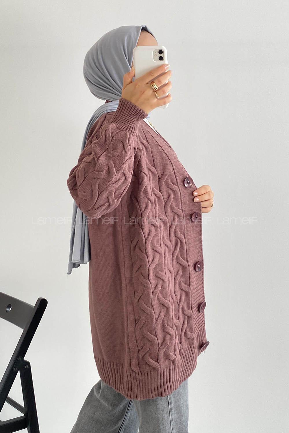 Modalamelif Önü Düğmeli Balık Sırtı Desen Triko Hırka Eflatun