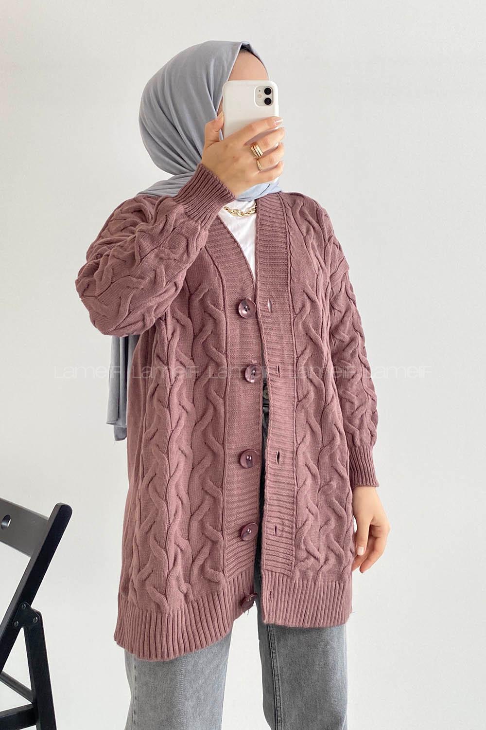 Modalamelif Önü Düğmeli Balık Sırtı Desen Triko Hırka Eflatun