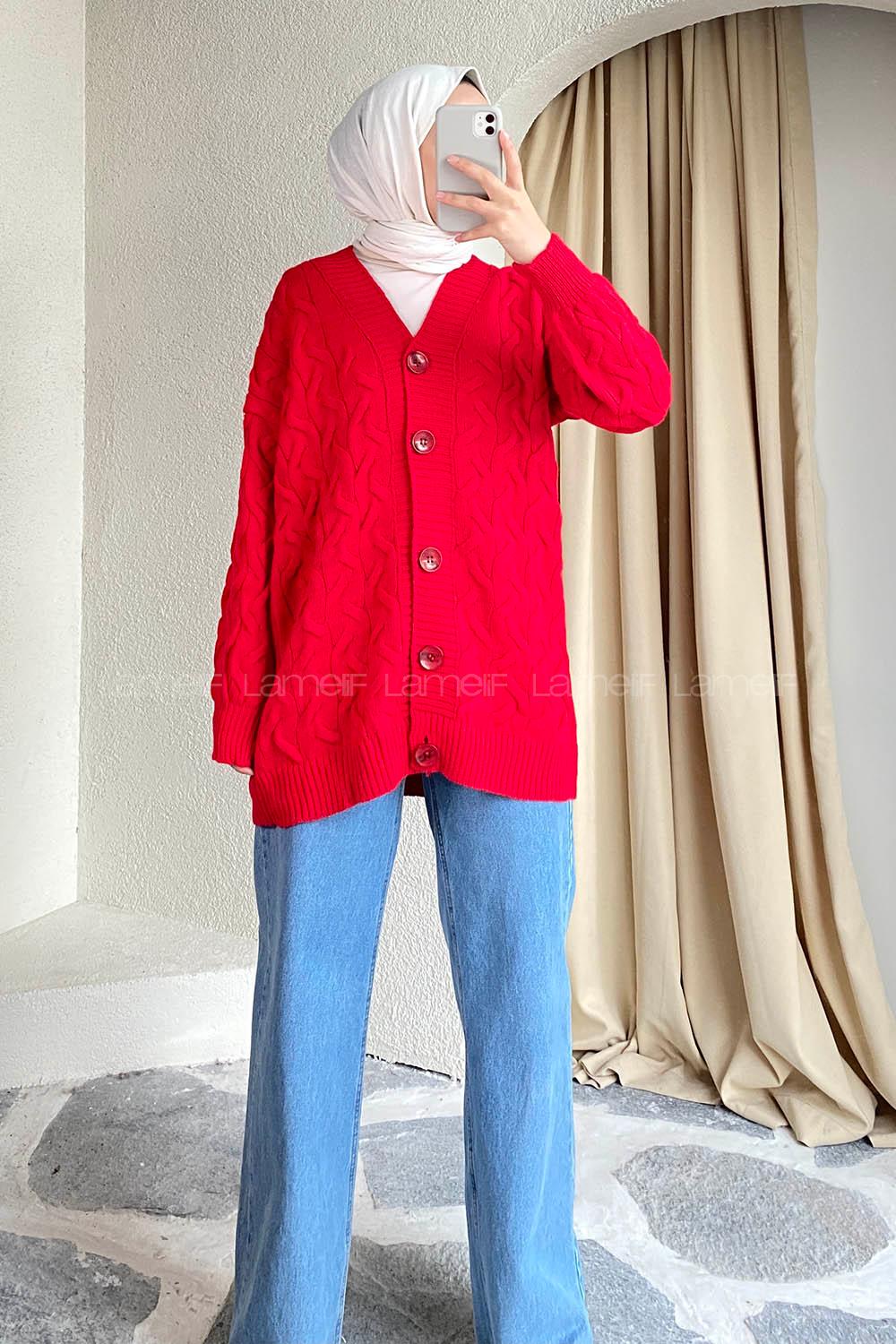 Modalamelif Önü Düğmeli Balık Sırtı Desen Triko Hırka Kırmızı