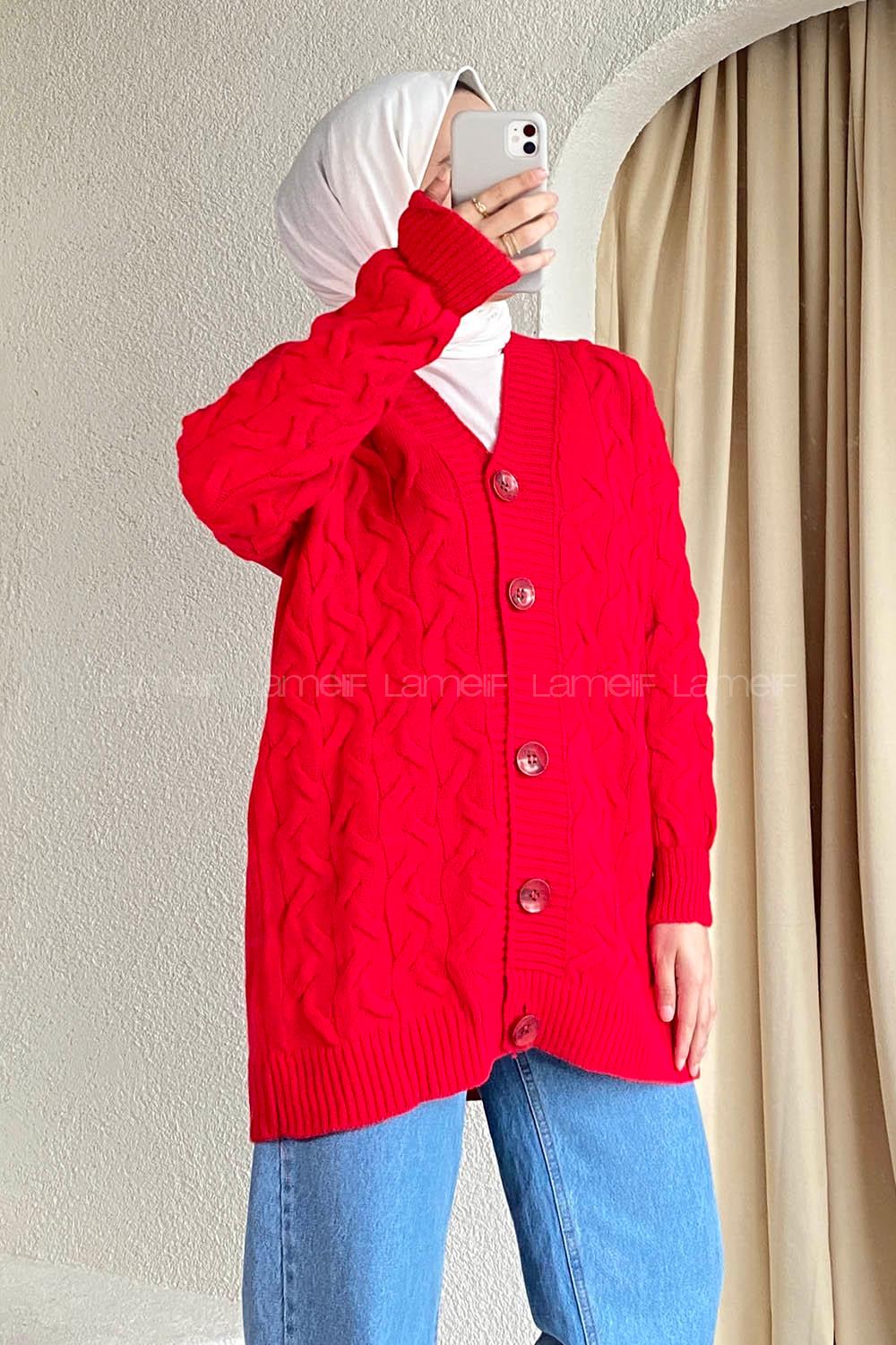 Modalamelif Önü Düğmeli Balık Sırtı Desen Triko Hırka Kırmızı