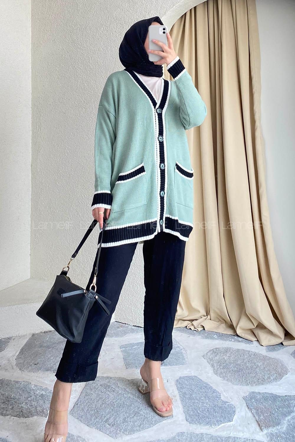 Modalamelif Önü Düğmeli Ribana  Pat Garnili Çift Cepli Triko Hırka Çağla Yeşili