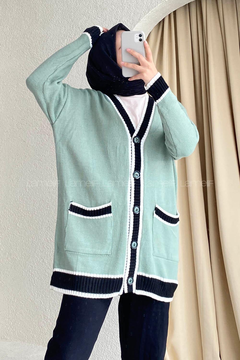 Modalamelif Önü Düğmeli Ribana  Pat Garnili Çift Cepli Triko Hırka Çağla Yeşili