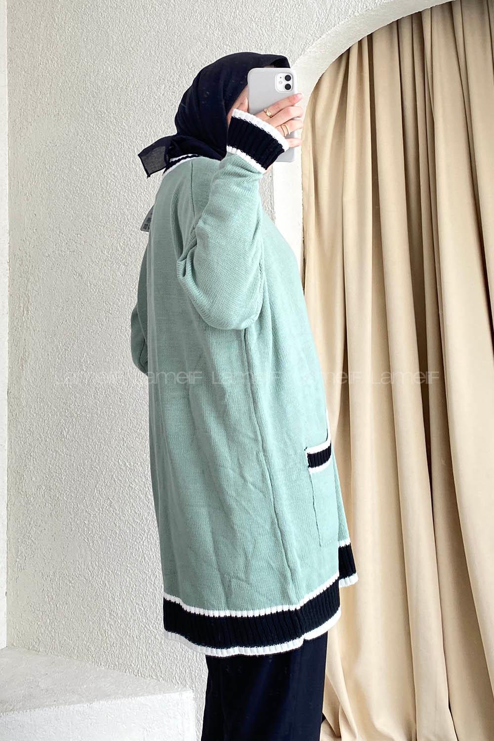 Modalamelif Önü Düğmeli Ribana  Pat Garnili Çift Cepli Triko Hırka Çağla Yeşili