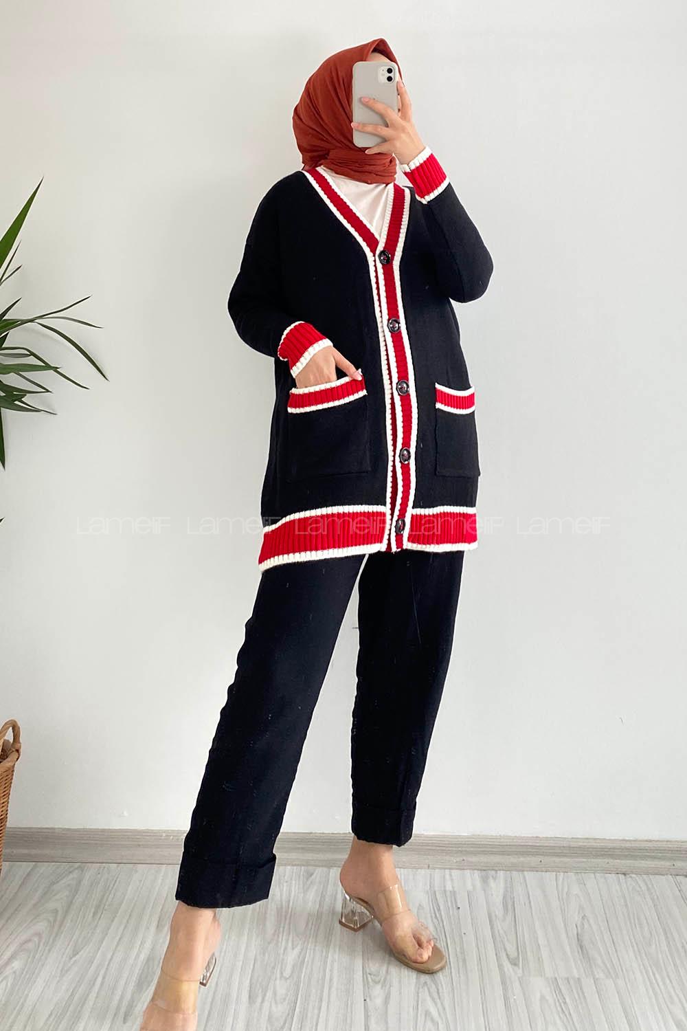 Modalamelif Önü Düğmeli Ribana  Pat Garnili Çift Cepli Triko Hırka Siyah