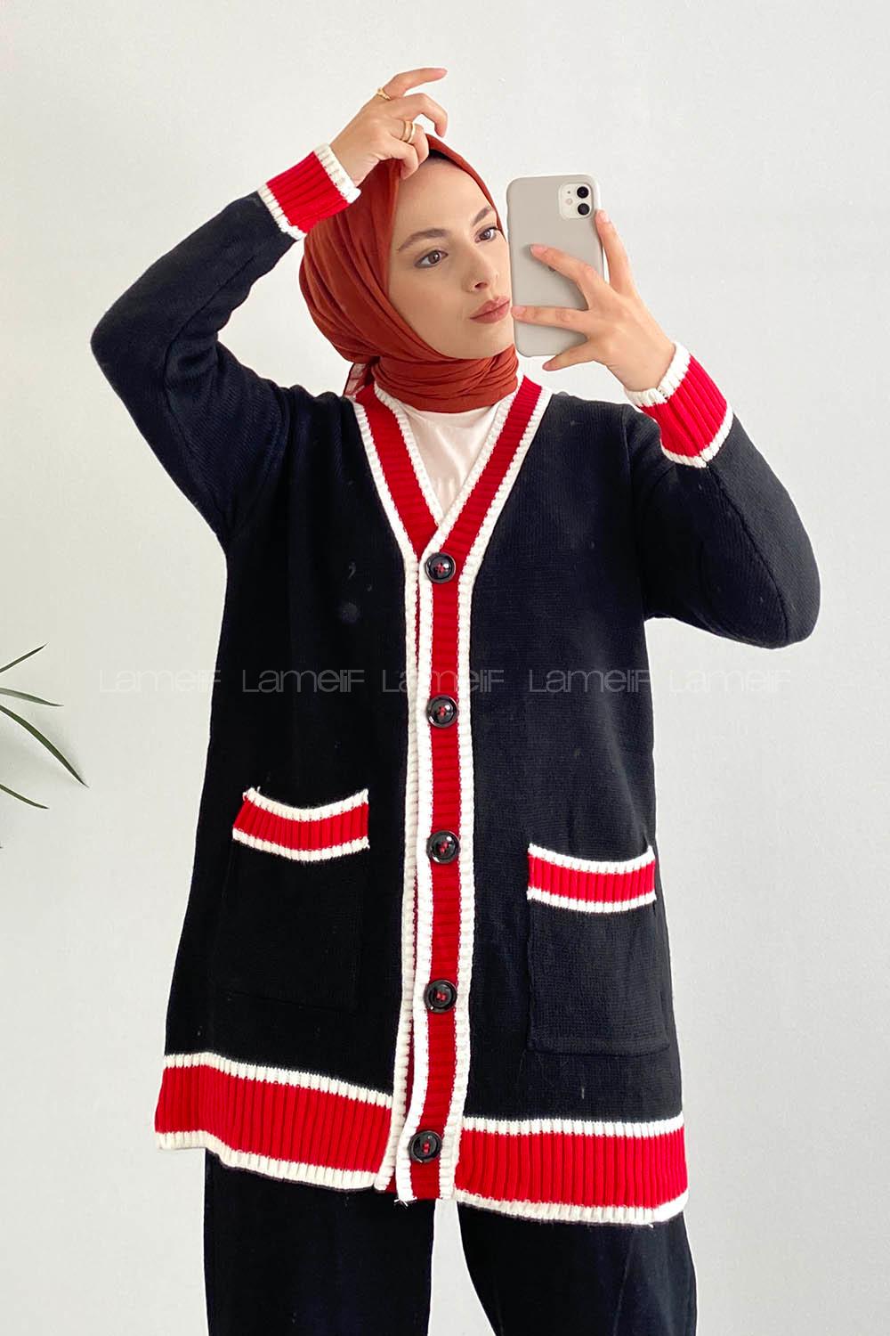 Modalamelif Önü Düğmeli Ribana  Pat Garnili Çift Cepli Triko Hırka Siyah