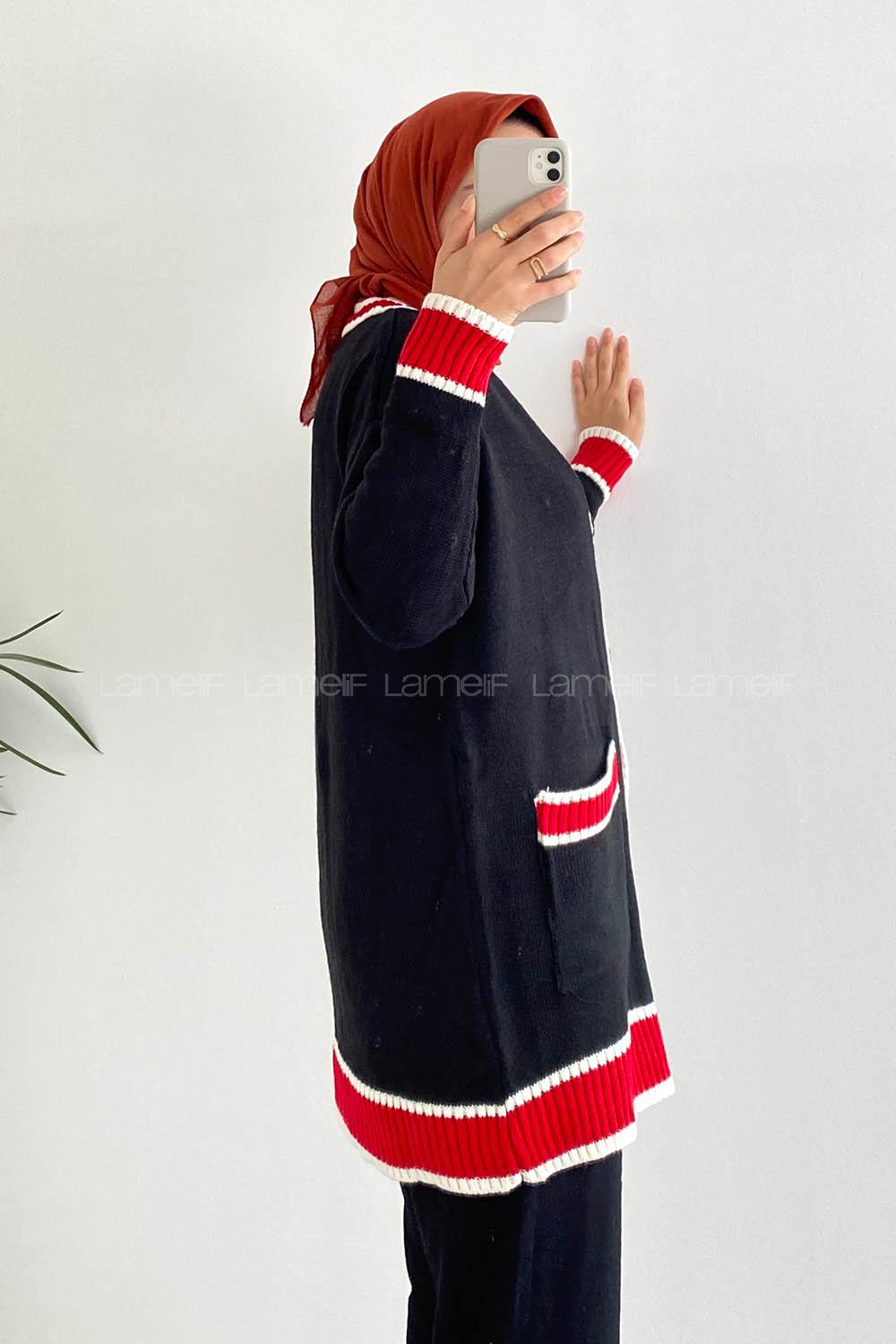 Modalamelif Önü Düğmeli Ribana  Pat Garnili Çift Cepli Triko Hırka Siyah