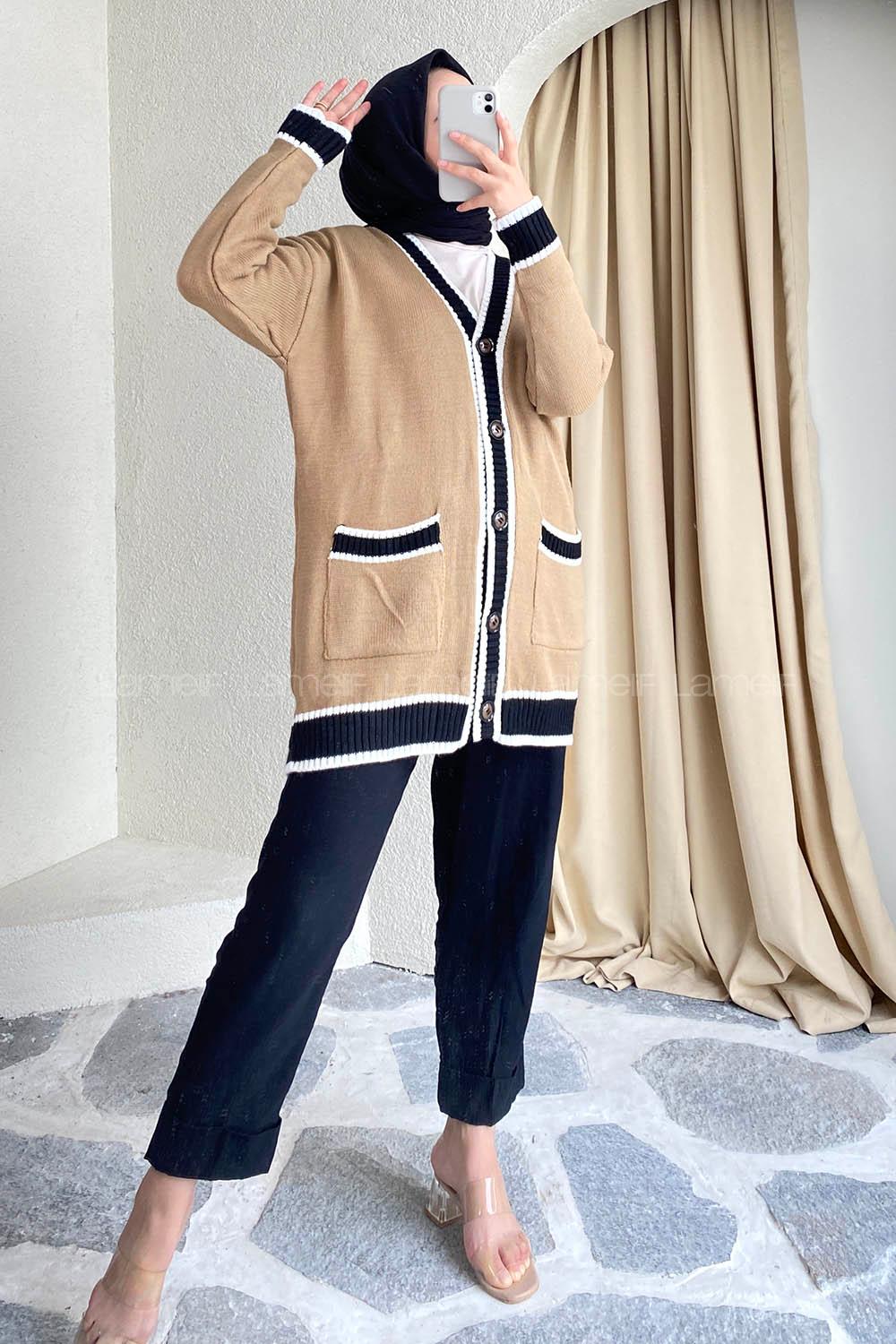 Modalamelif Önü Düğmeli Ribana  Pat Garnili Çift Cepli Triko Hırka Sütlükahve