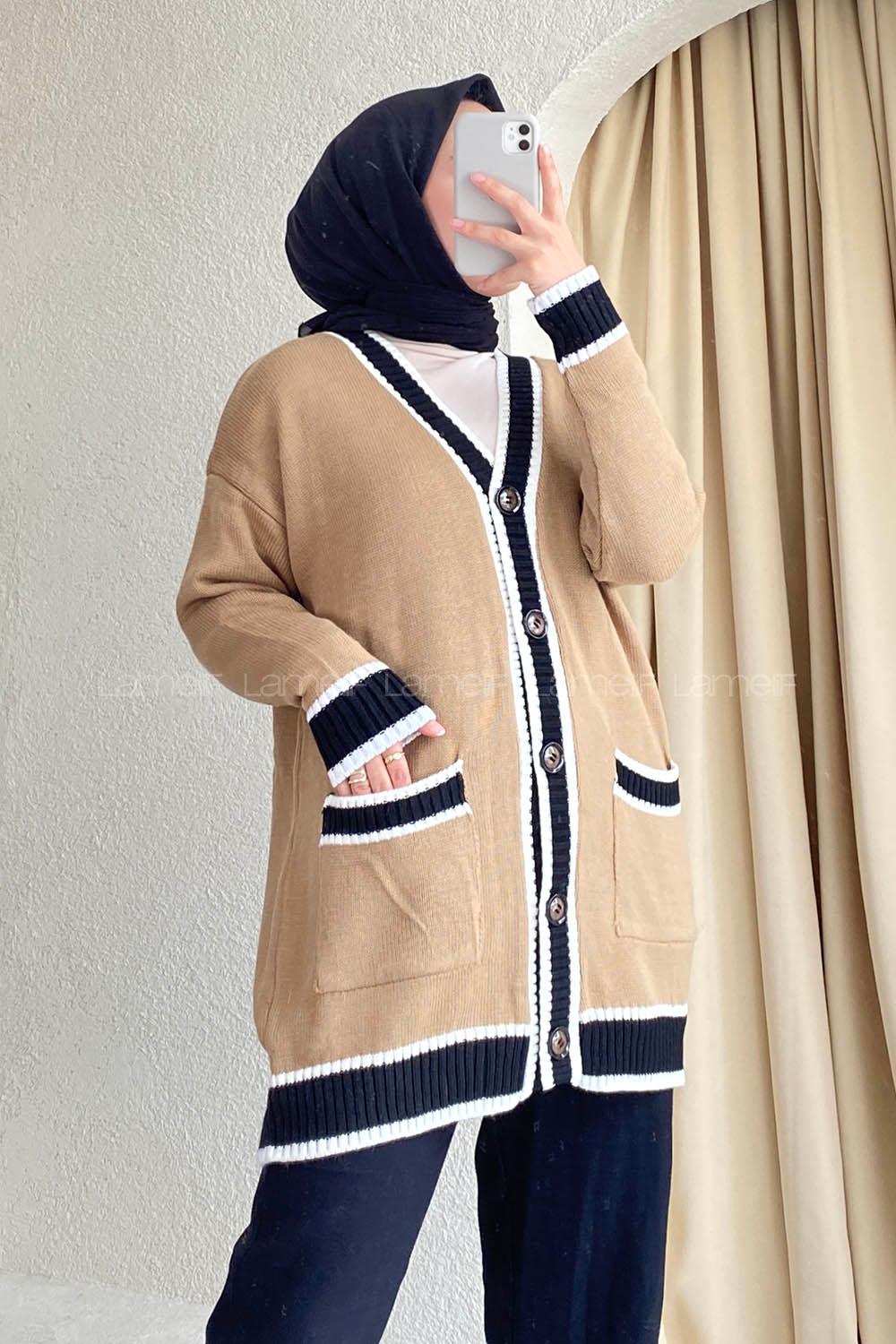 Modalamelif Önü Düğmeli Ribana  Pat Garnili Çift Cepli Triko Hırka Sütlükahve