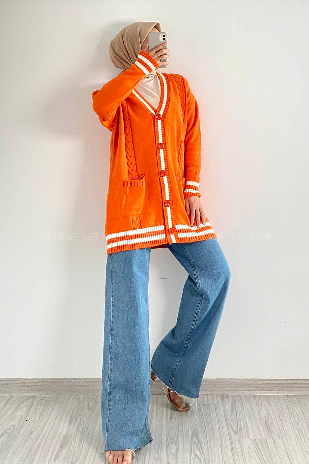 Modalamelif Önü Düğmeli Ribana Şeritli Çift Cepli Triko Hırka Oranj
