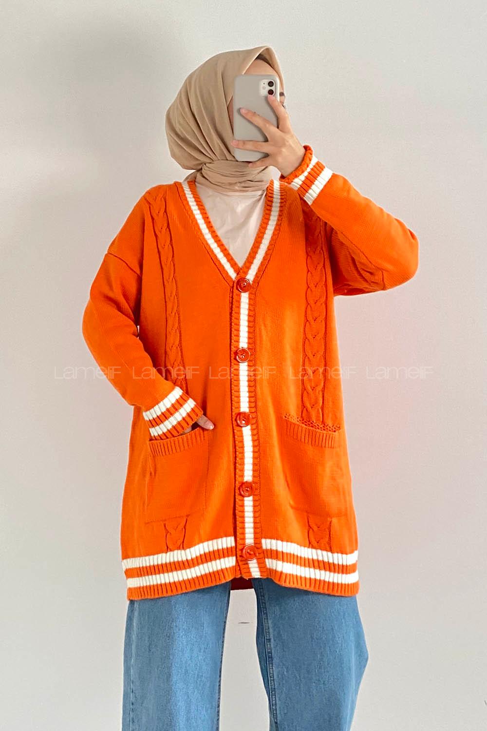 Modalamelif Önü Düğmeli Ribana Şeritli Çift Cepli Triko Hırka Oranj