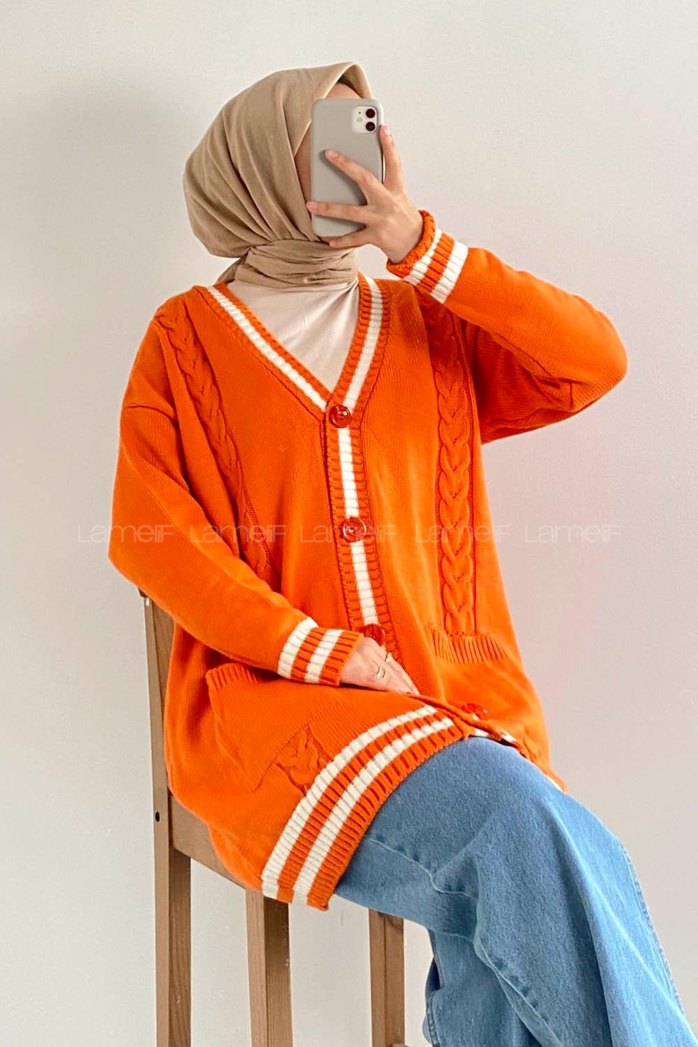 Modalamelif Önü Düğmeli Ribana Şeritli Çift Cepli Triko Hırka Oranj