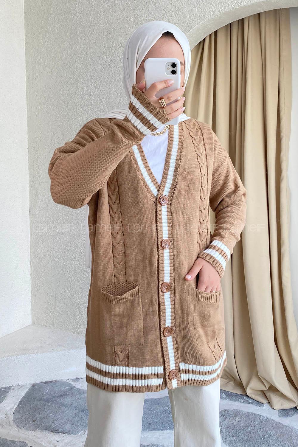 Modalamelif Önü Düğmeli Ribana Şeritli Çift Cepli Triko Hırka Sütlü Kahve