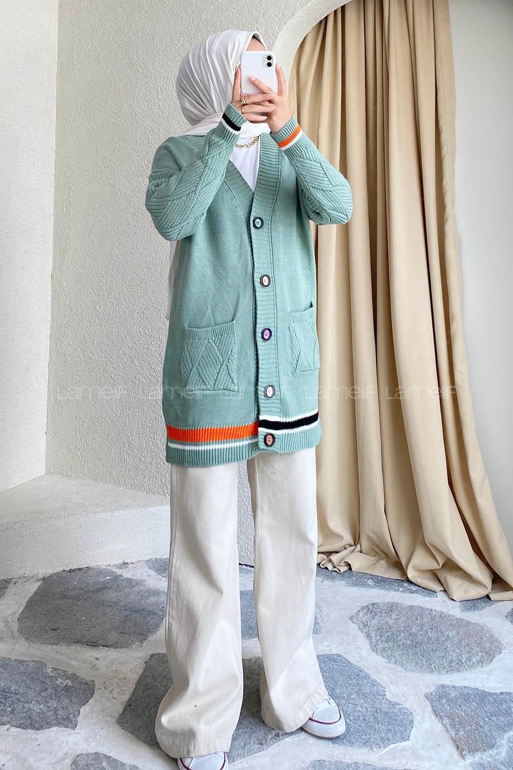 Modalamelif Önü Renkli Düğmeli Çift Cepli Triko Hırka Çağla Yeşili