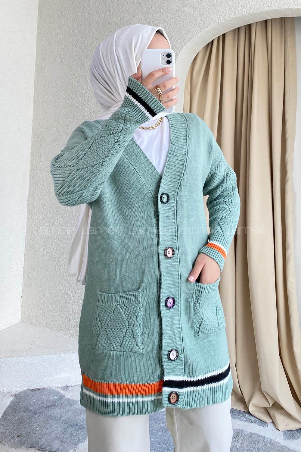 Modalamelif Önü Renkli Düğmeli Çift Cepli Triko Hırka Çağla Yeşili