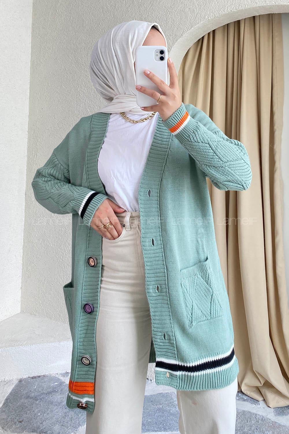 Modalamelif Önü Renkli Düğmeli Çift Cepli Triko Hırka Çağla Yeşili