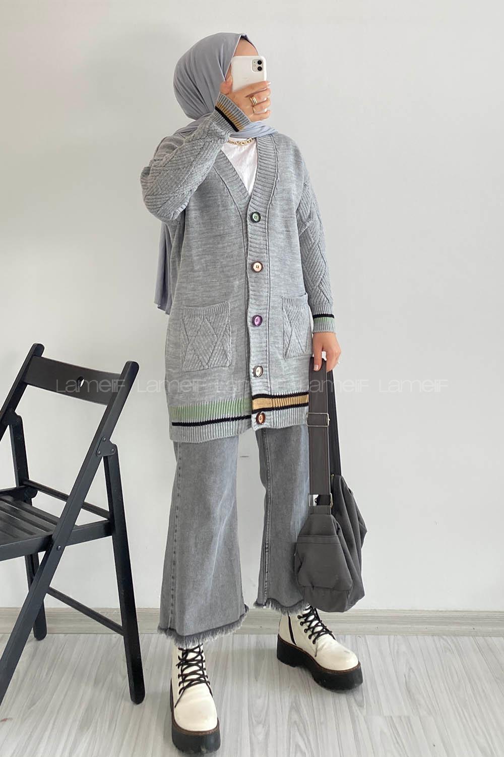 Modalamelif Önü Renkli Düğmeli Çift Cepli Triko Hırka Gri