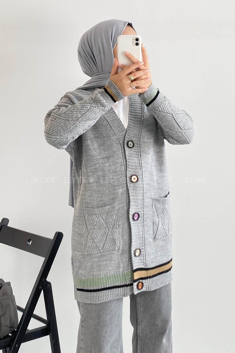 Modalamelif Önü Renkli Düğmeli Çift Cepli Triko Hırka Gri