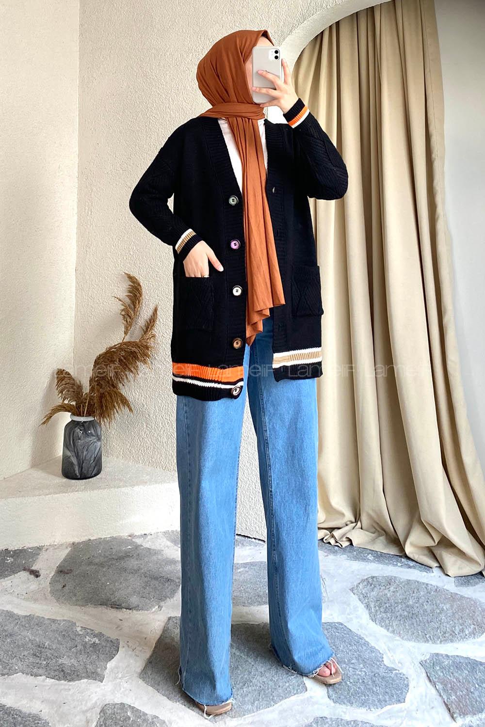 Modalamelif Önü Renkli Düğmeli Çift Cepli Triko Hırka Siyah