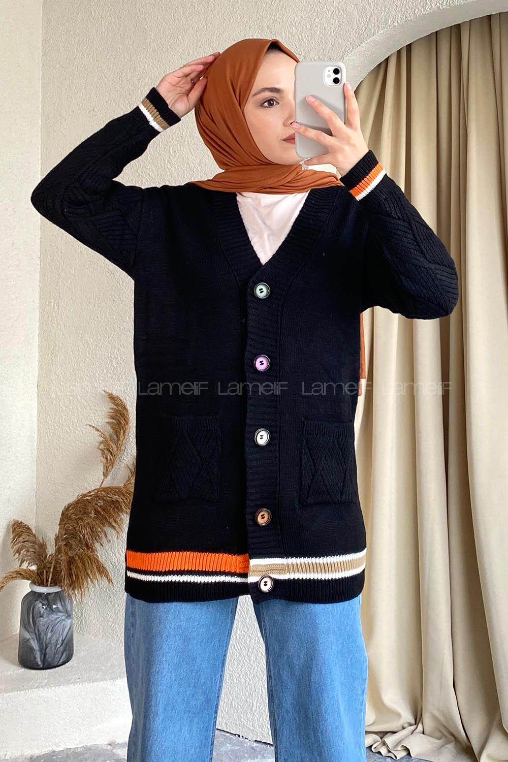 Modalamelif Önü Renkli Düğmeli Çift Cepli Triko Hırka Siyah