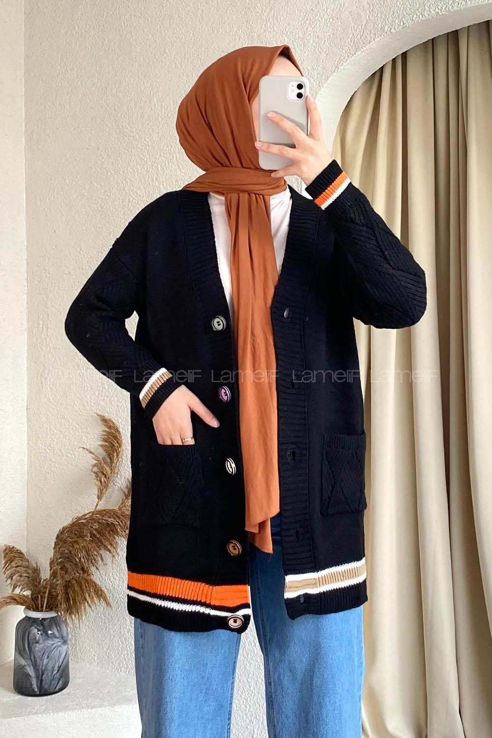 Modalamelif Önü Renkli Düğmeli Çift Cepli Triko Hırka Siyah